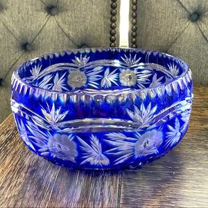 Bohemian Etched Cobalt Blue Crystal Bowl